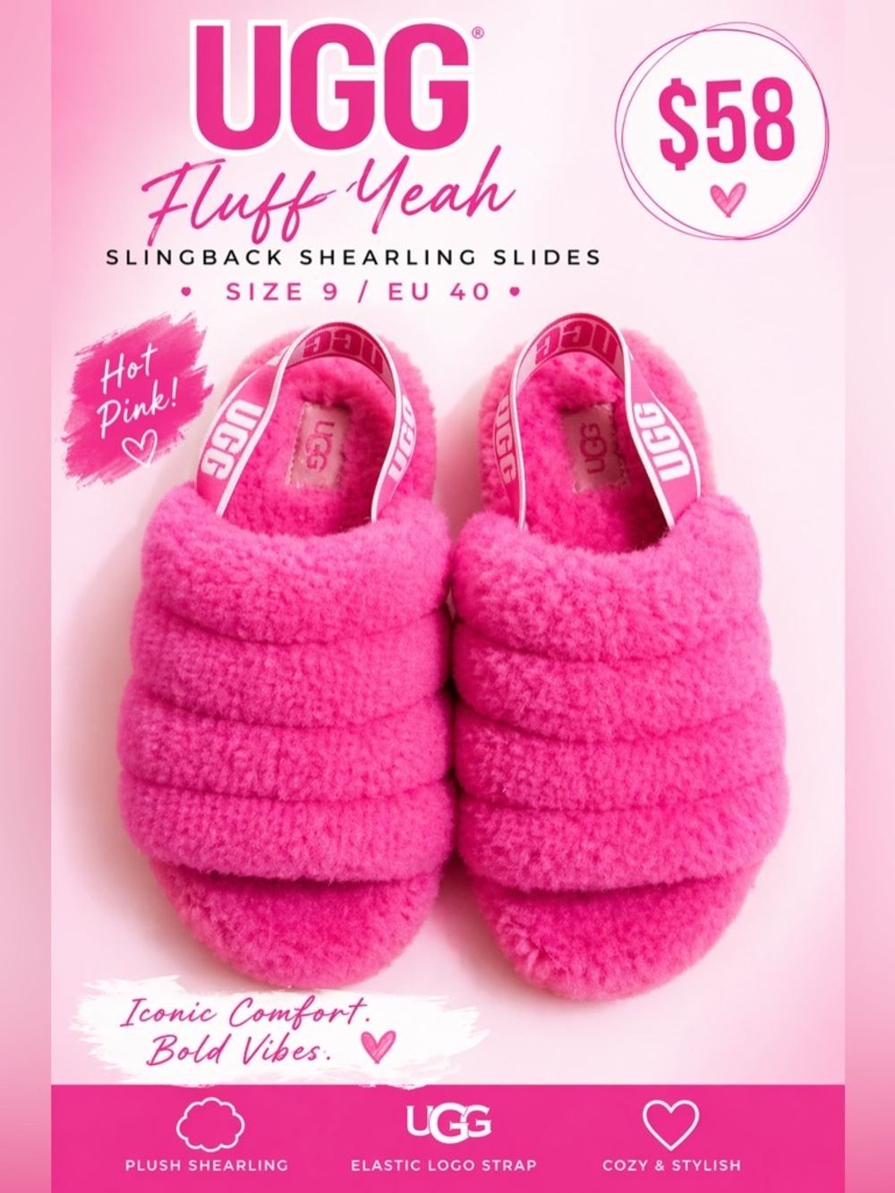 UGG Hot Pink Fluff Yeah Slingback Shearling Slides Size 9